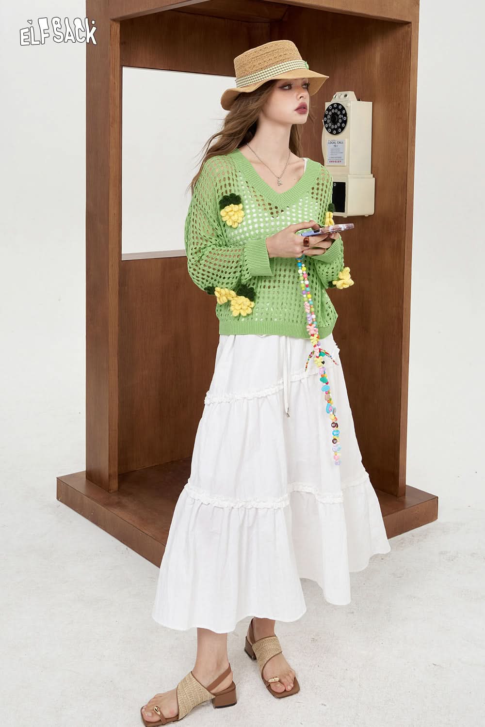 ELFSACK White Rainbow Hollow Knitted Shirt Lightweight cover up shirt