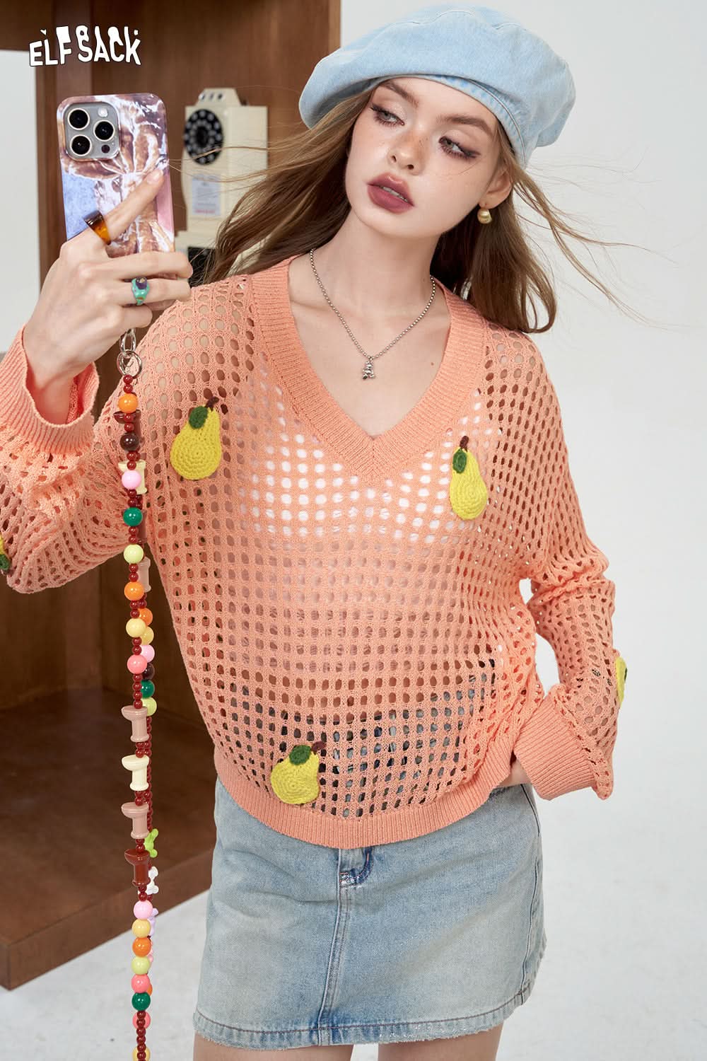 ELFSACK White Rainbow Hollow Knitted Shirt Lightweight cover up shirt