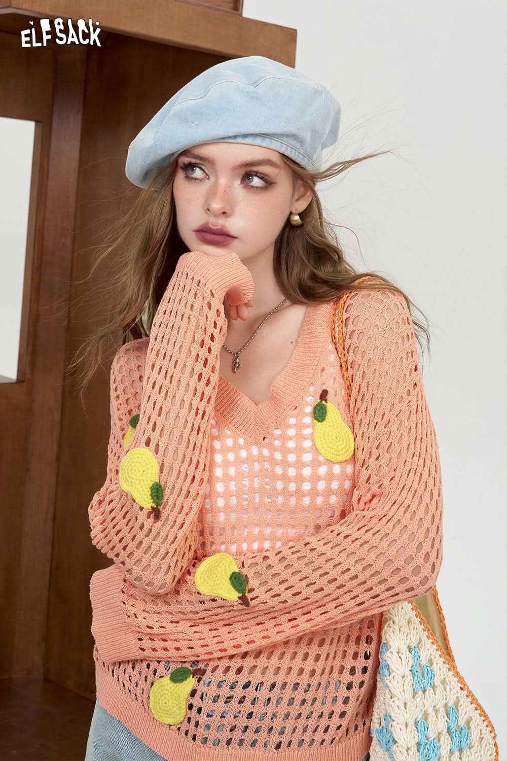 ELFSACK White Rainbow Hollow Knitted Shirt Lightweight cover up shirt