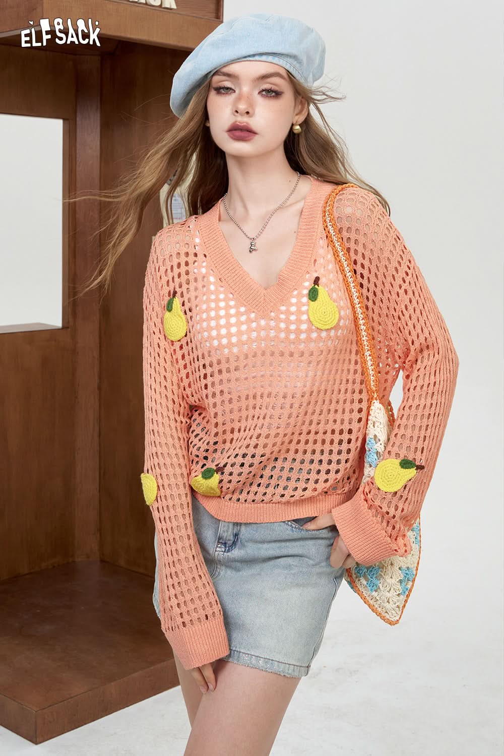 ELFSACK White Rainbow Hollow Knitted Shirt Lightweight cover up shirt