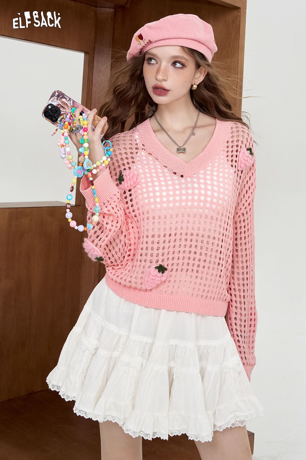 ELFSACK White Rainbow Hollow Knitted Shirt Lightweight cover up shirt