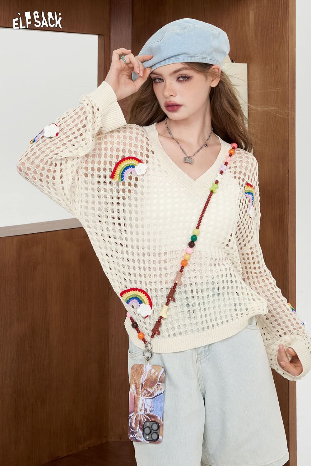 ELFSACK White Rainbow Hollow Knitted Shirt Lightweight cover up shirt