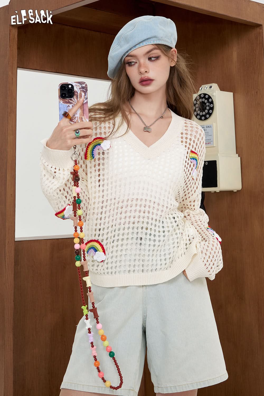 ELFSACK White Rainbow Hollow Knitted Shirt Lightweight cover up shirt