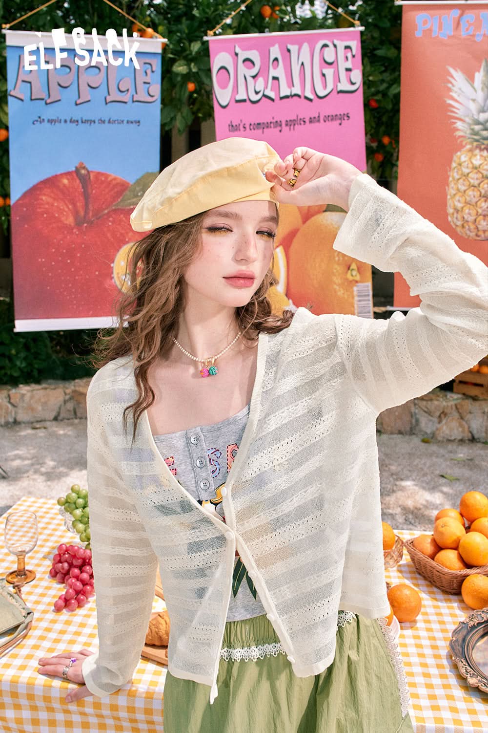ELFSACK White V-neck hollow knitted stripes translucent buttons all-match light air-conditioning cardigan