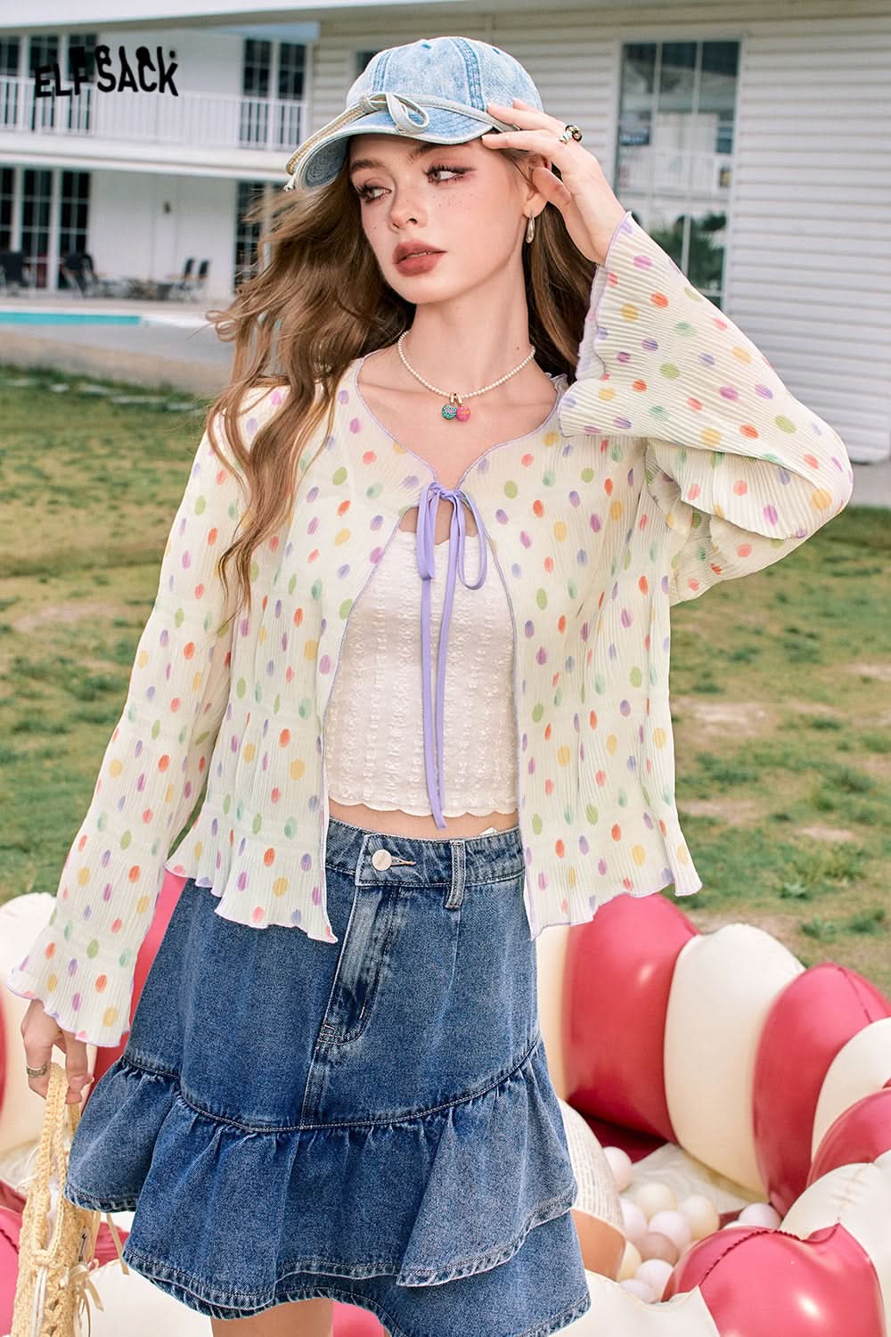 ELFSACK Colorful sexy hollow polka dot textured cardigan with chiffon shirt
