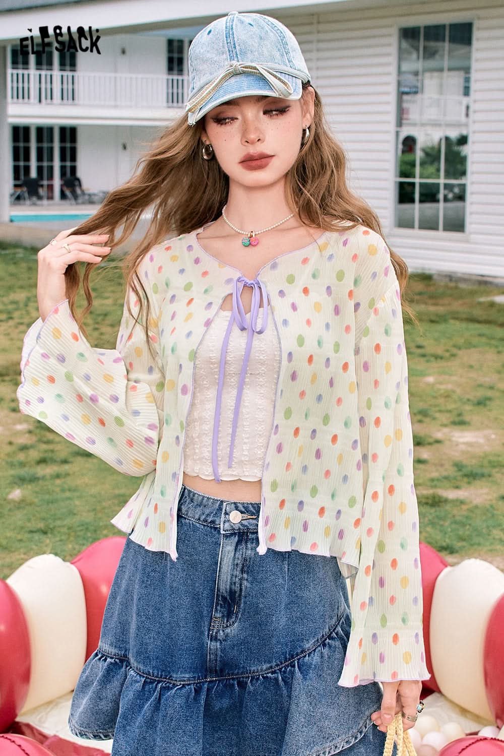 ELFSACK Colorful sexy hollow polka dot textured cardigan with chiffon shirt