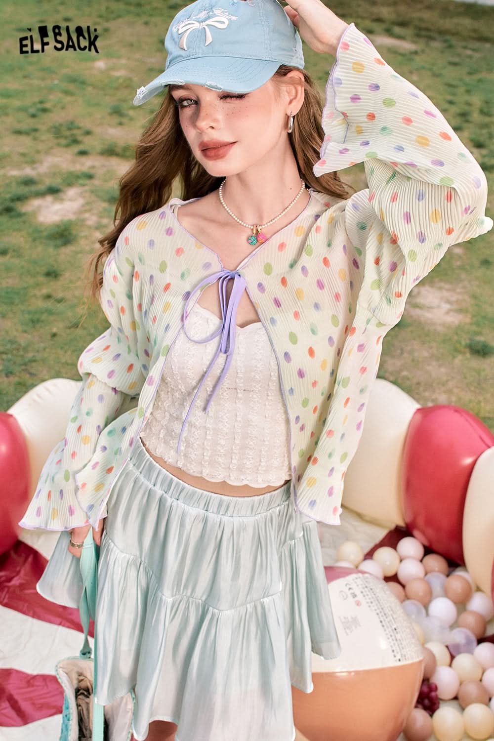 ELFSACK Colorful sexy hollow polka dot textured cardigan with chiffon shirt