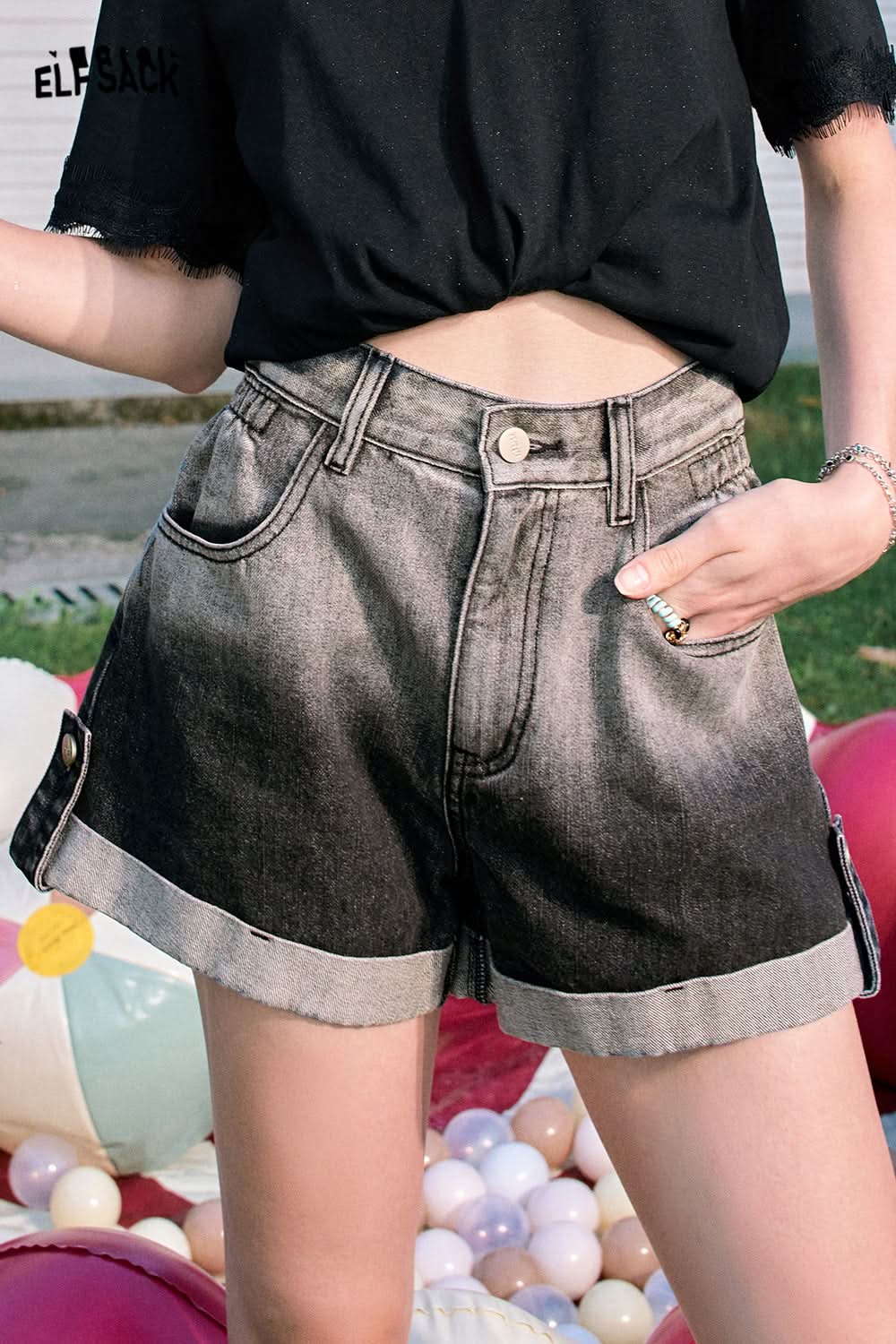 ELFSACK Pink gradient high waist curled all-match slim straight denim shorts