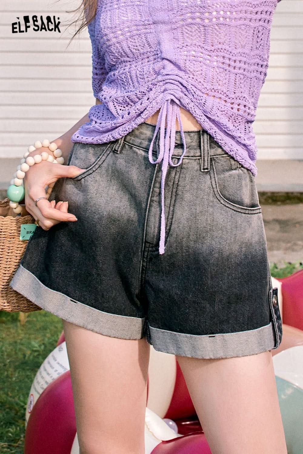 ELFSACK Pink gradient high waist curled all-match slim straight denim shorts