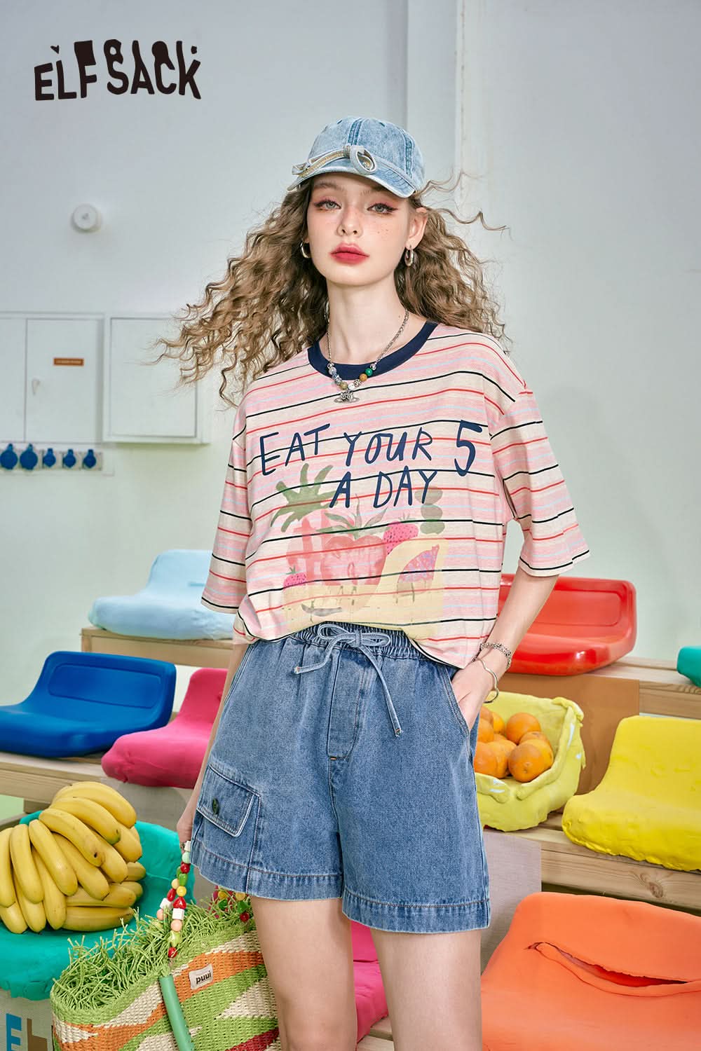 ELFSACK Washed A-line pocket versatile slimming hip-covering straight jeans