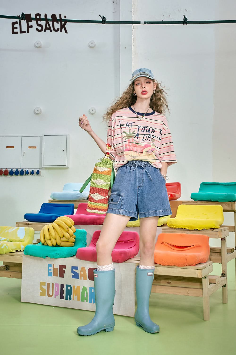 ELFSACK Washed A-line pocket versatile slimming hip-covering straight jeans