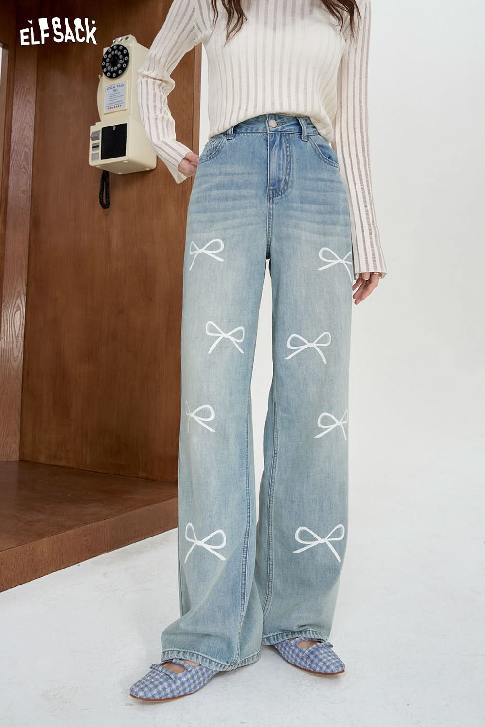 ELFSACK Bow print light colored jeans