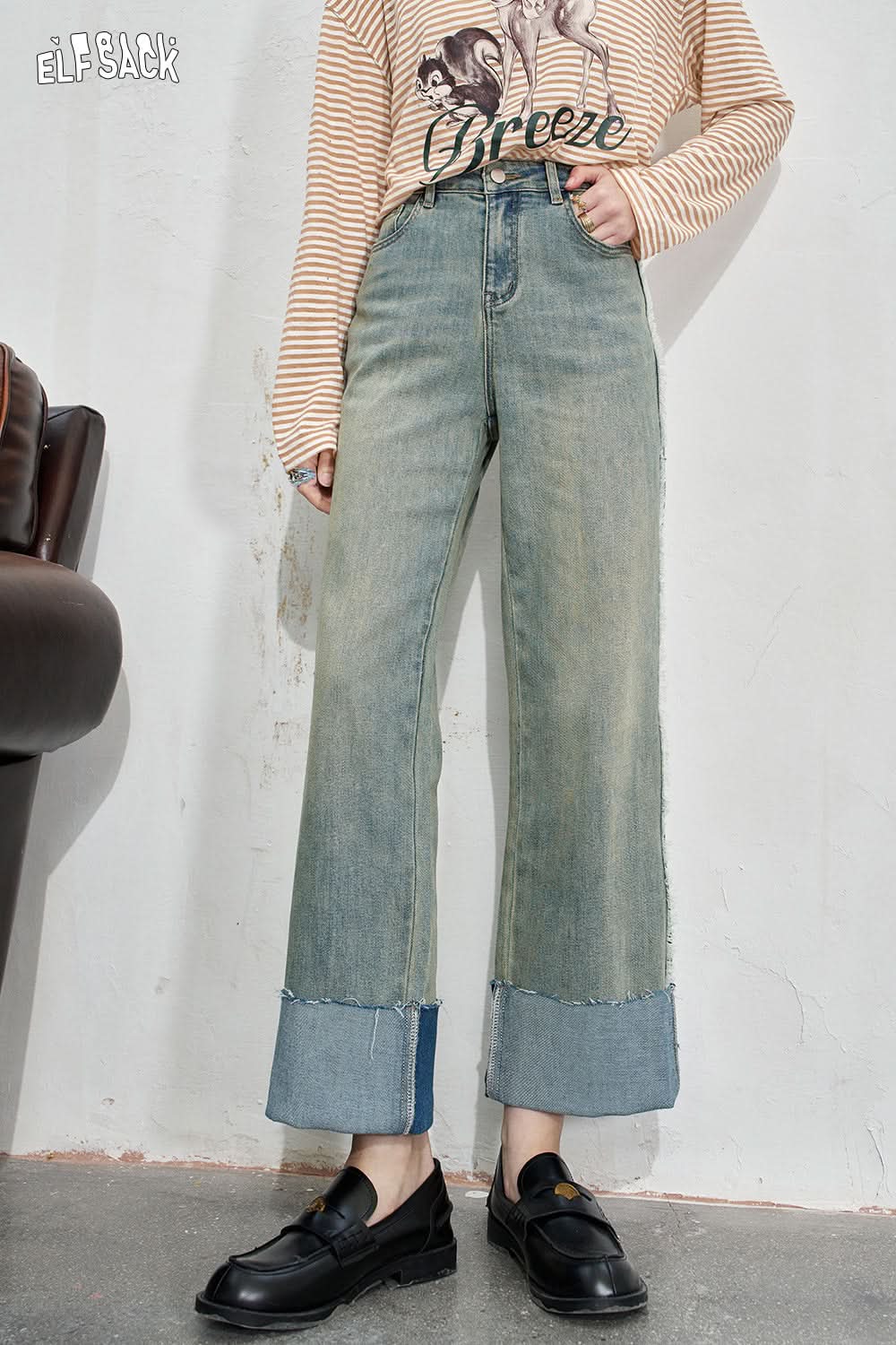 ELFSACK Curled light colored washed denim pants, versatile high waisted straight leg pants