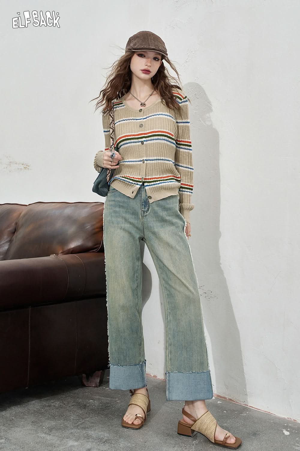 ELFSACK Curled light colored washed denim pants, versatile high waisted straight leg pants