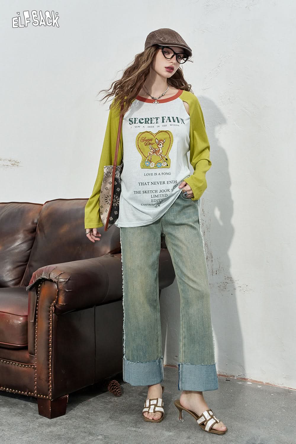 ELFSACK Curled light colored washed denim pants, versatile high waisted straight leg pants
