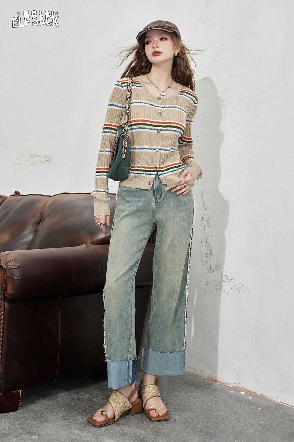 ELFSACK Curled light colored washed denim pants, versatile high waisted straight leg pants
