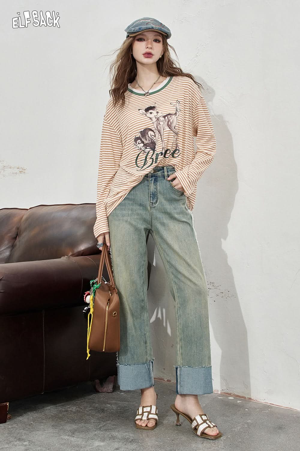 ELFSACK Curled light colored washed denim pants, versatile high waisted straight leg pants
