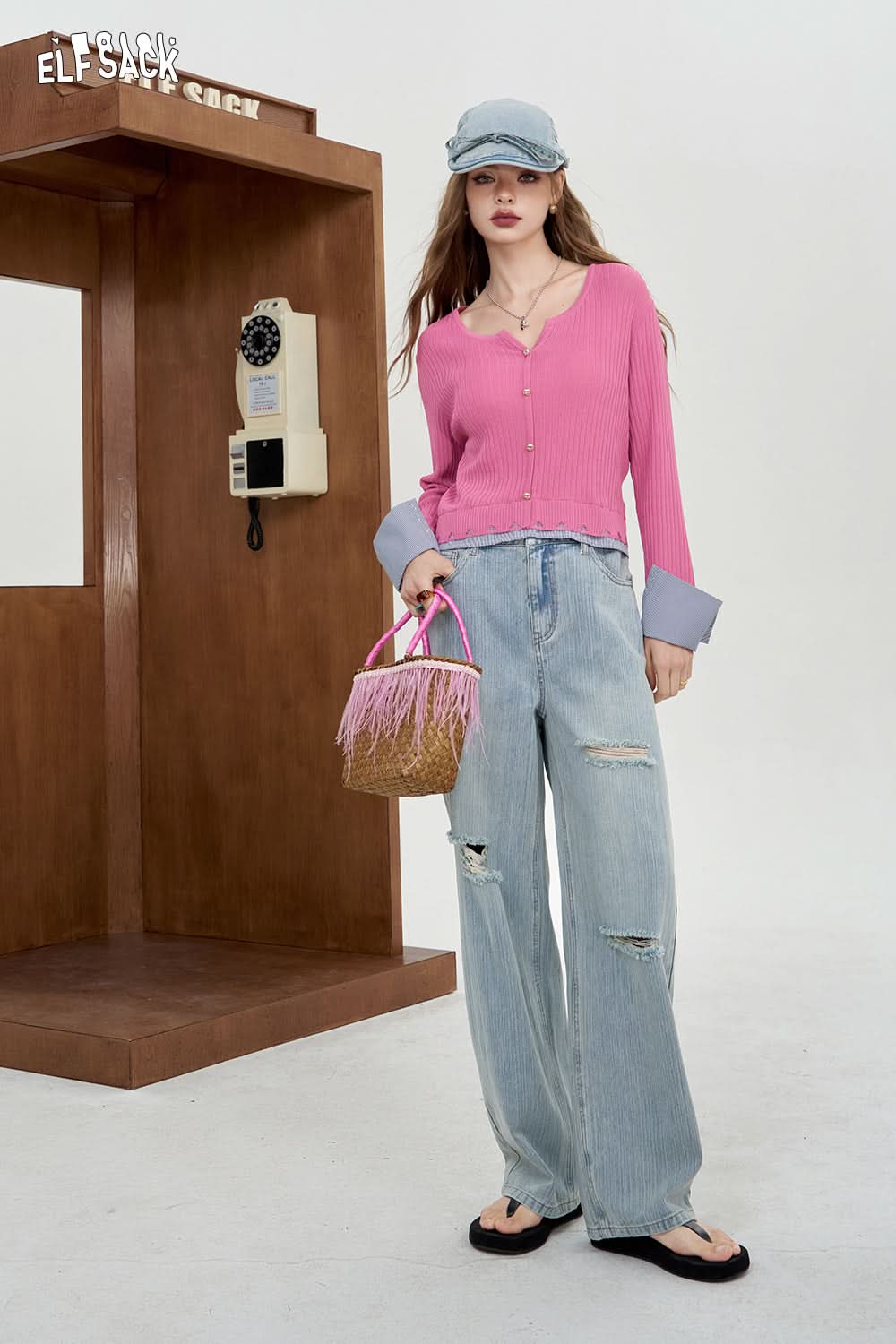ELFSACK High waisted ripped jeans Straight pants