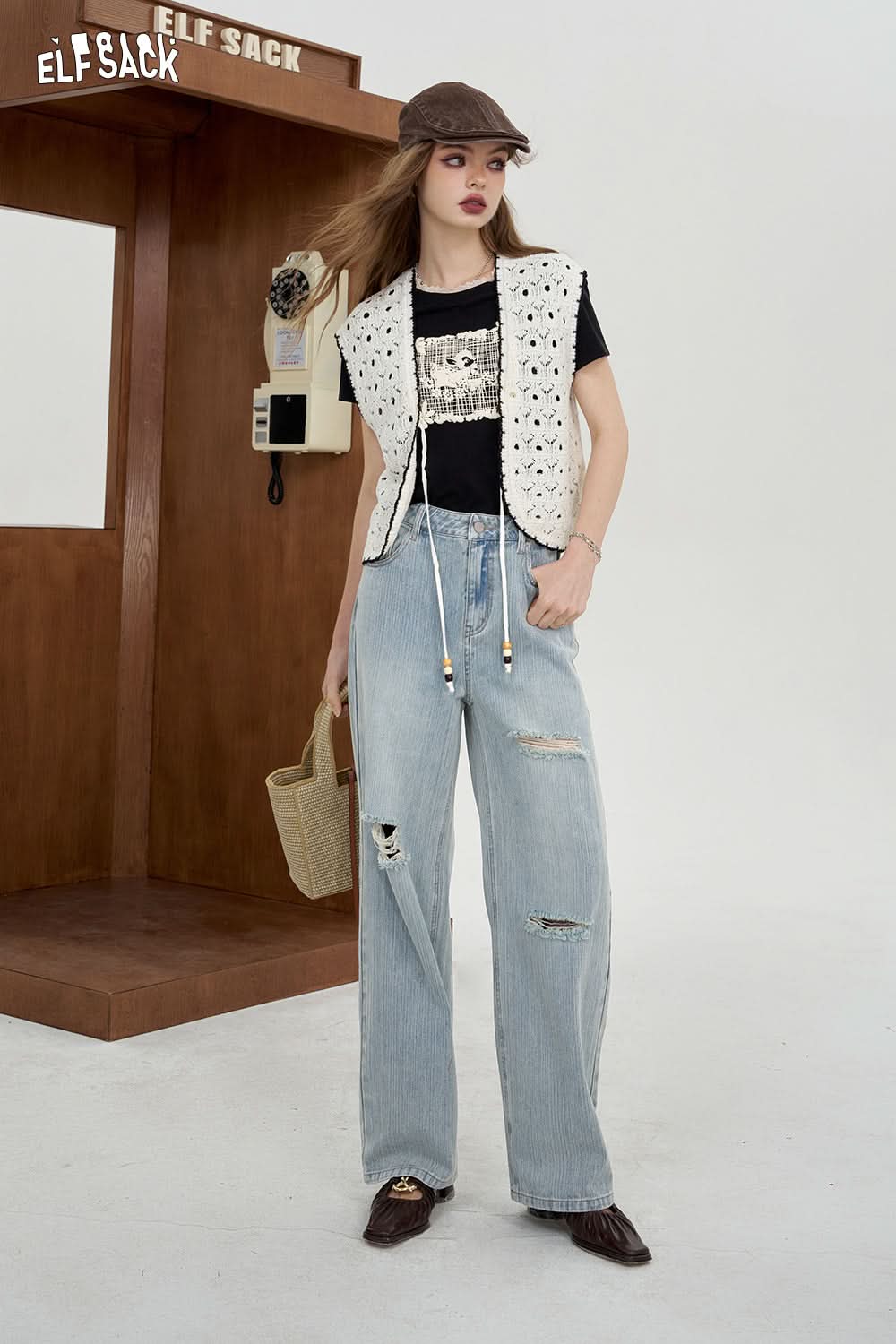 ELFSACK High waisted ripped jeans Straight pants