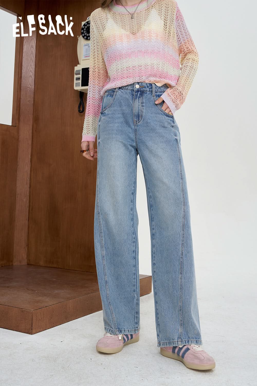 ELFSACK High waisted jeans deconstructing straight leg pants
