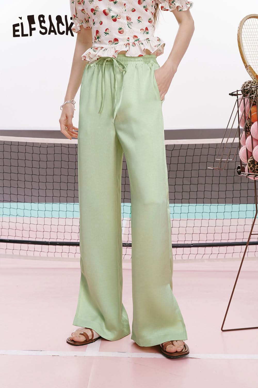 ELFSACK Pink satin split silk soft casual slim thin wide leg pants