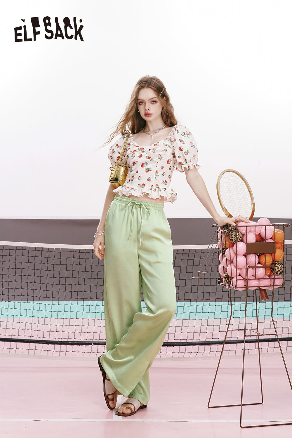 ELFSACK Pink satin split silk soft casual slim thin wide leg pants