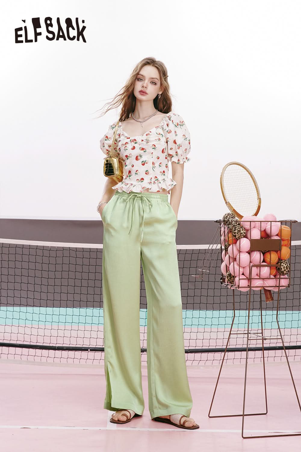 ELFSACK Pink satin split silk soft casual slim thin wide leg pants