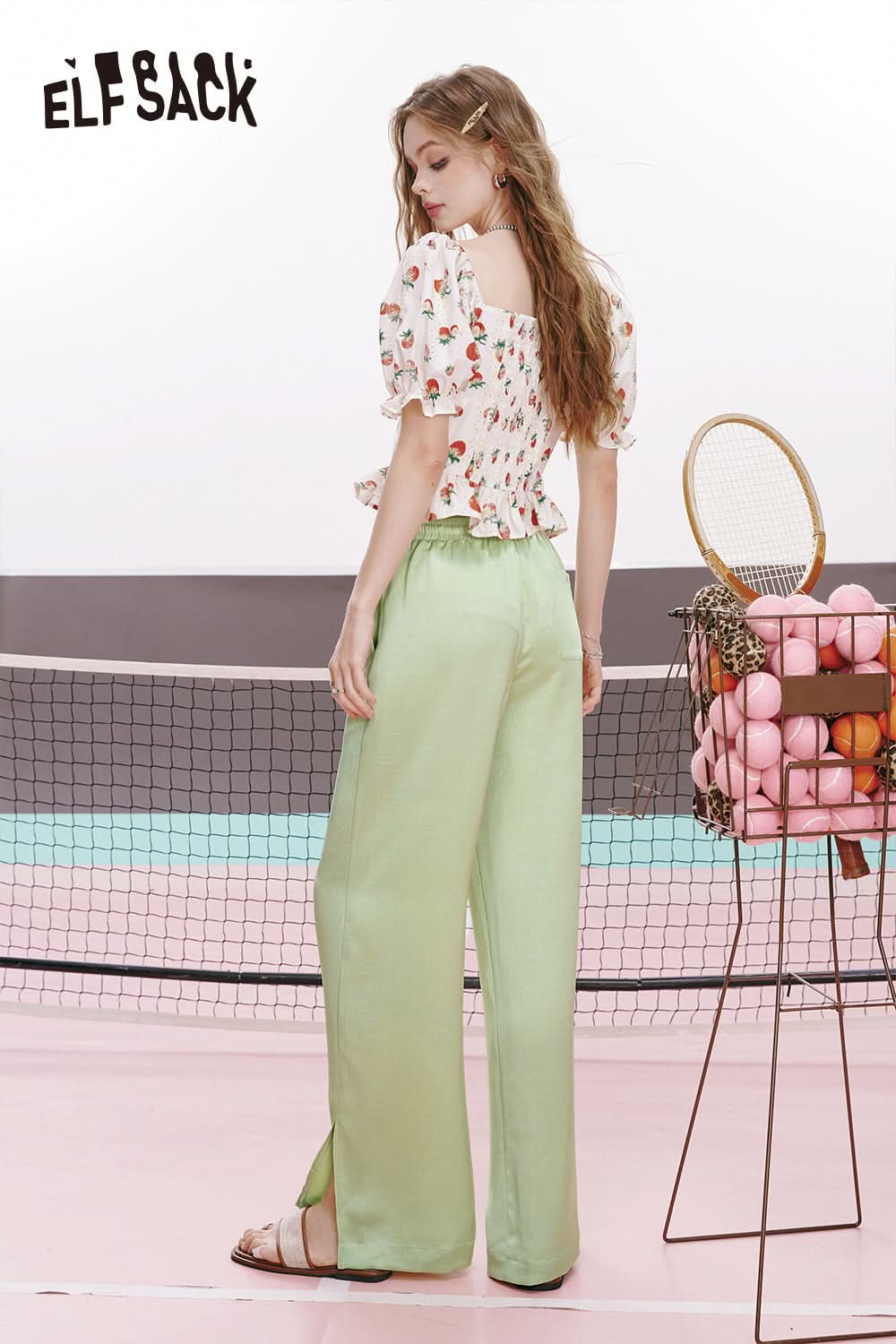 ELFSACK Pink satin split silk soft casual slim thin wide leg pants