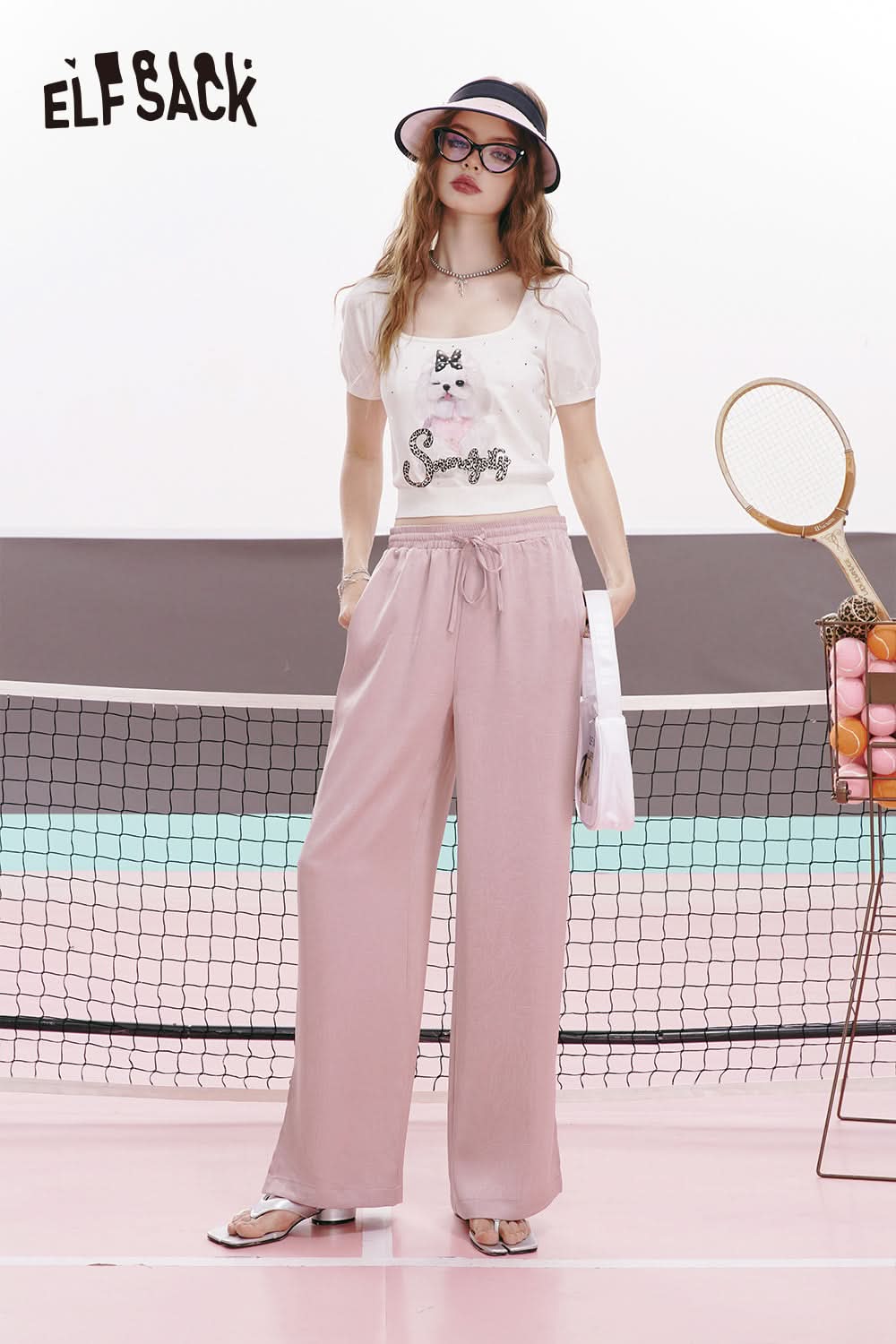 ELFSACK Pink satin split silk soft casual slim thin wide leg pants