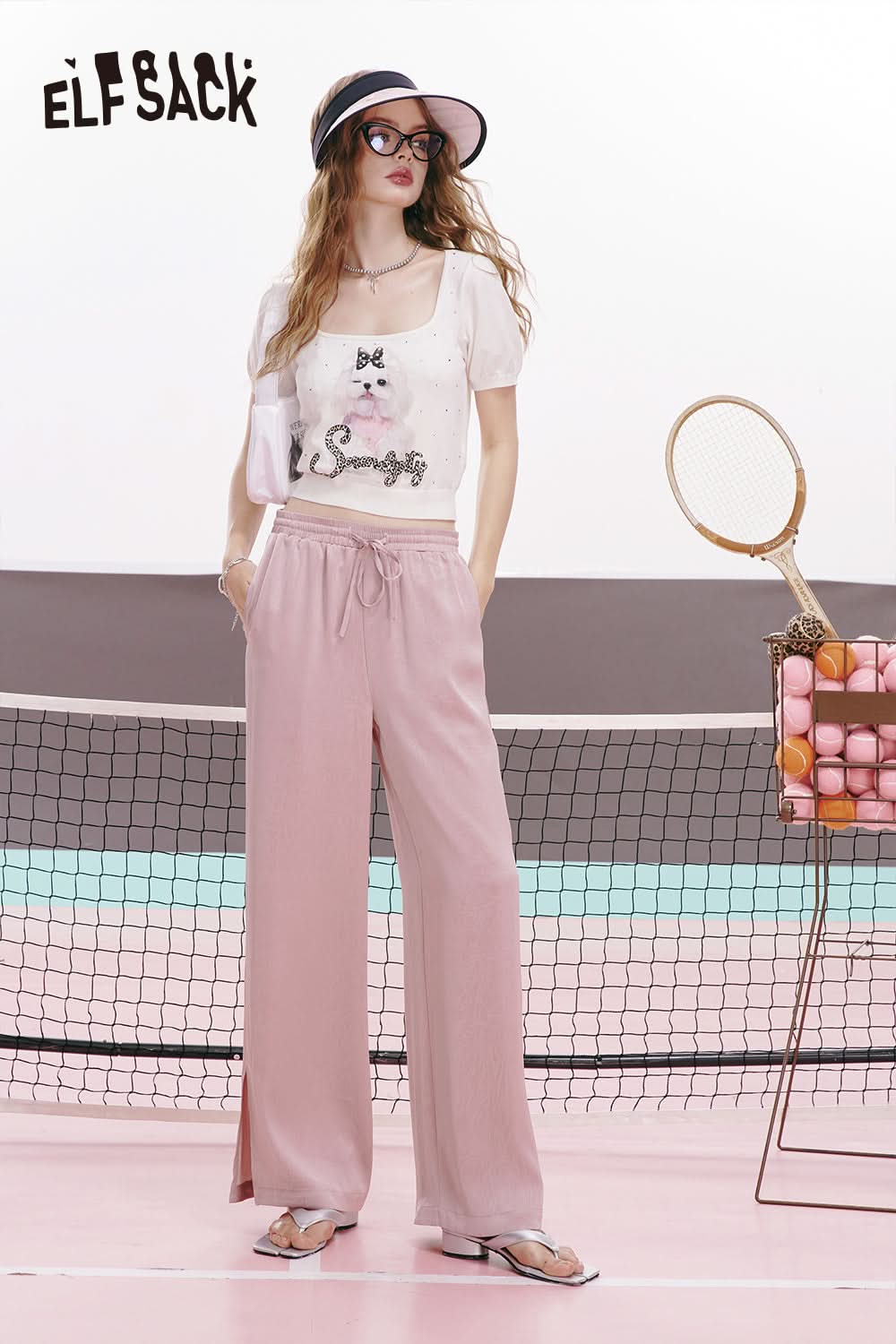 ELFSACK Pink satin split silk soft casual slim thin wide leg pants