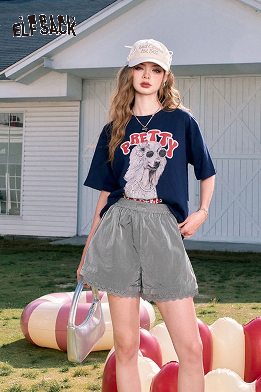 ELFSACK Blue lace sports casual loose petite thin shorts