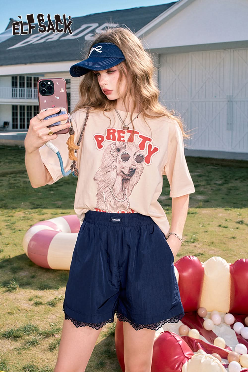 ELFSACK Blue lace sports casual loose petite thin shorts