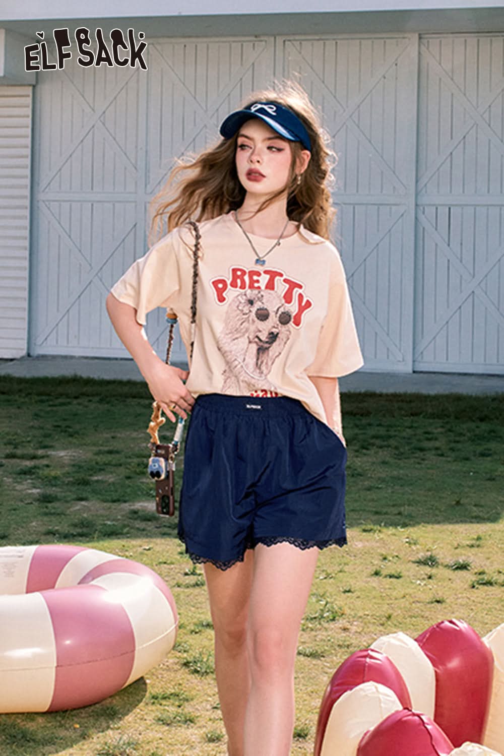 ELFSACK Blue lace sports casual loose petite thin shorts