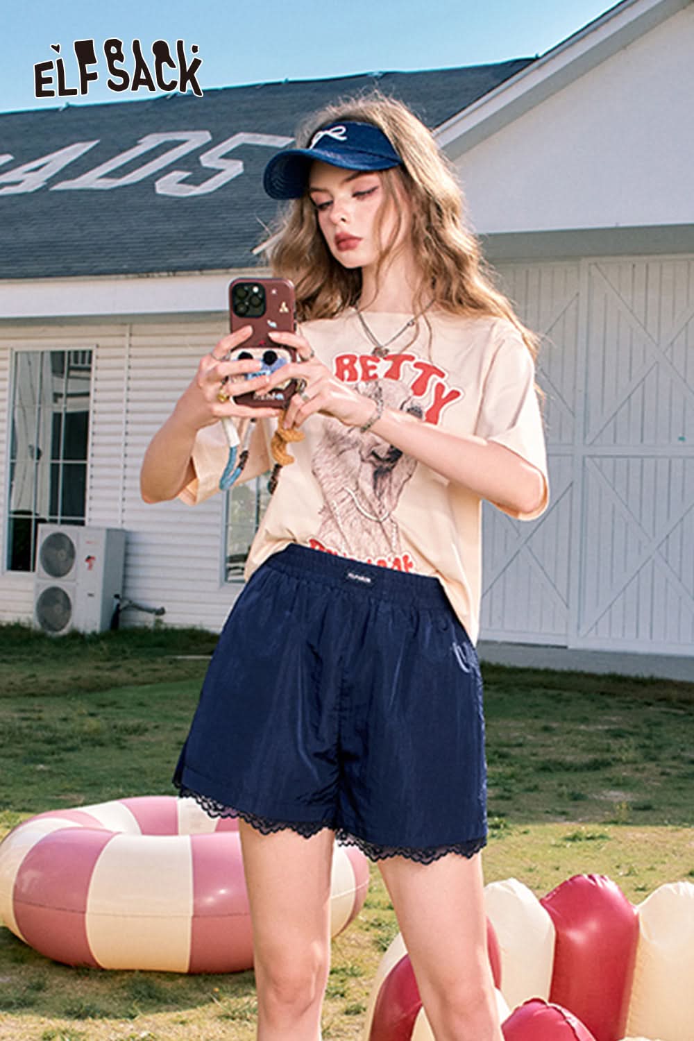 ELFSACK Blue lace sports casual loose petite thin shorts