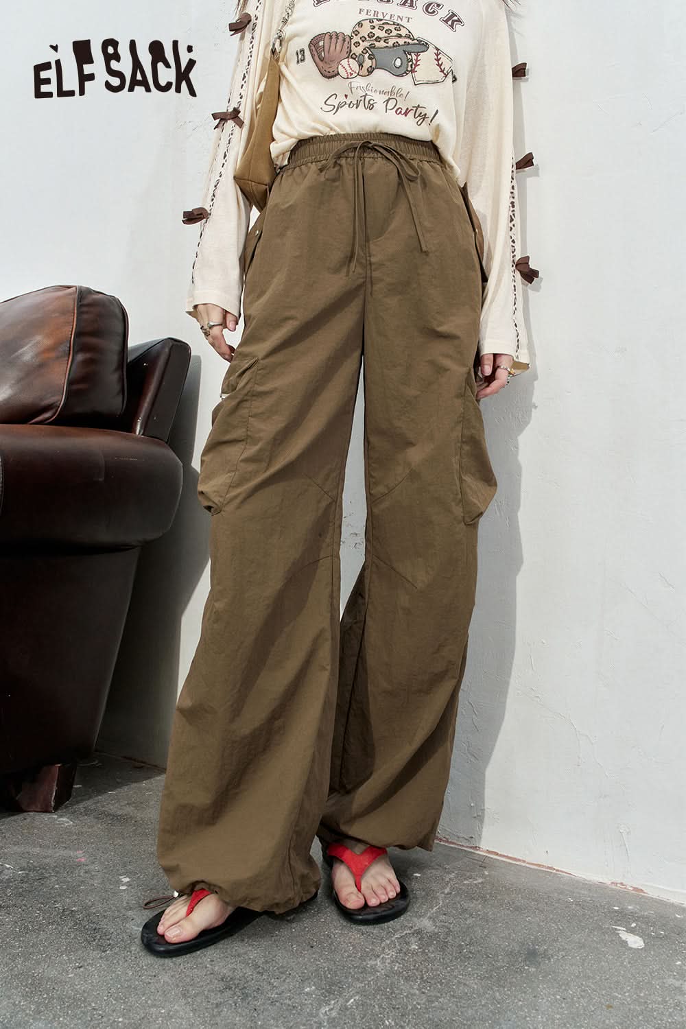 ELFSACK Retro workwear casual pants, loose and thin fit, leg tied pants