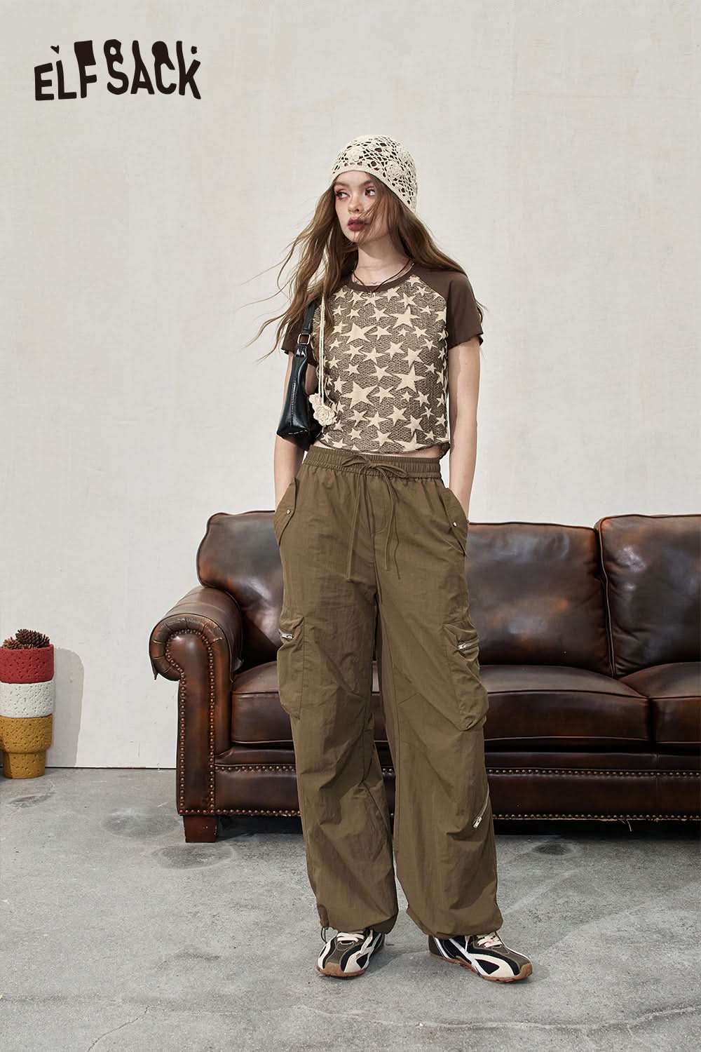 ELFSACK Retro workwear casual pants, loose and thin fit, leg tied pants