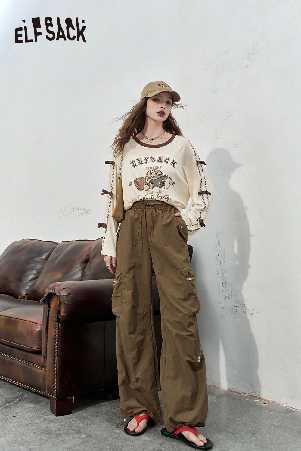 ELFSACK Retro workwear casual pants, loose and thin fit, leg tied pants