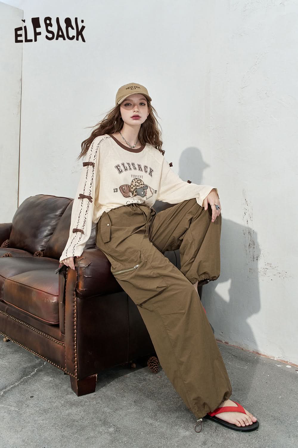 ELFSACK Retro workwear casual pants, loose and thin fit, leg tied pants