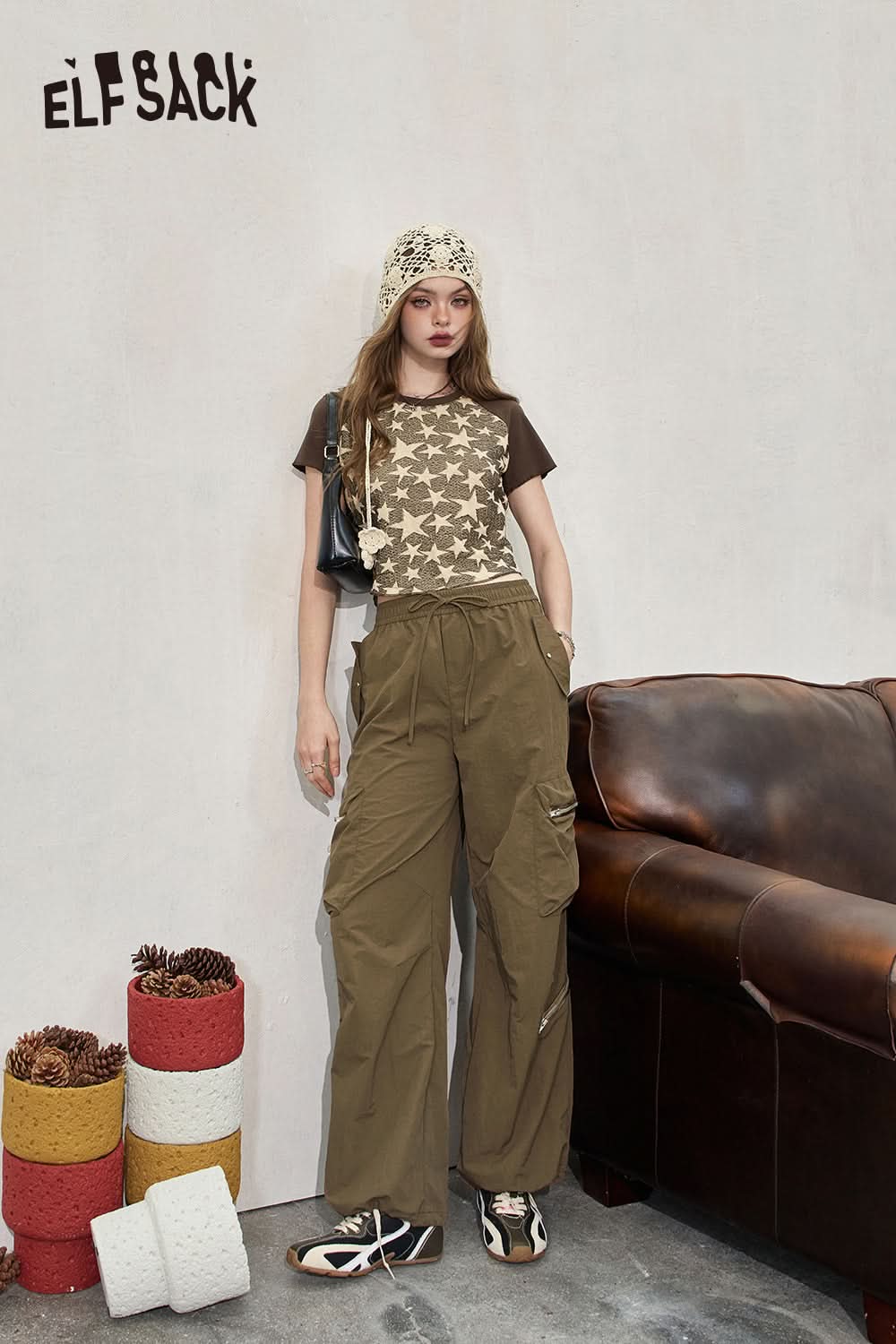 ELFSACK Retro workwear casual pants, loose and thin fit, leg tied pants