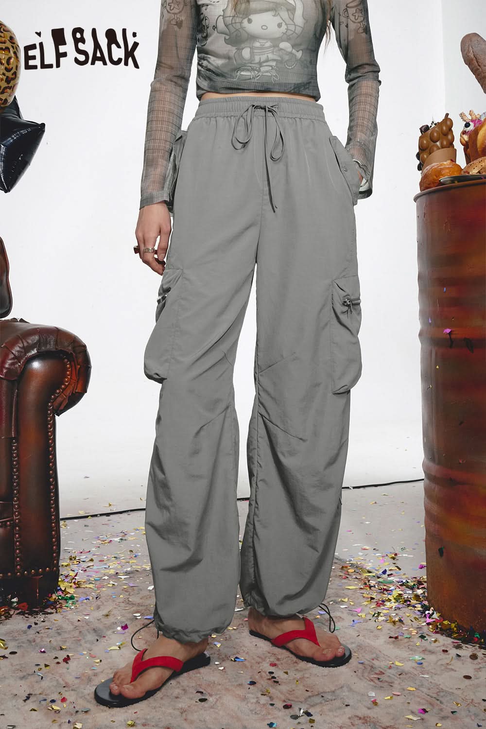 ELFSACK Retro workwear casual pants, loose and thin fit, leg tied pants