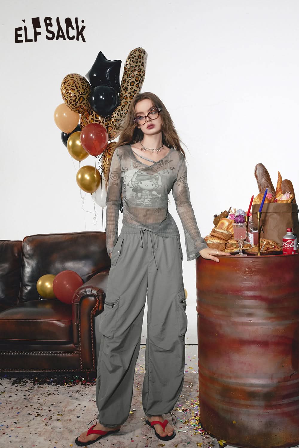 ELFSACK Retro workwear casual pants, loose and thin fit, leg tied pants