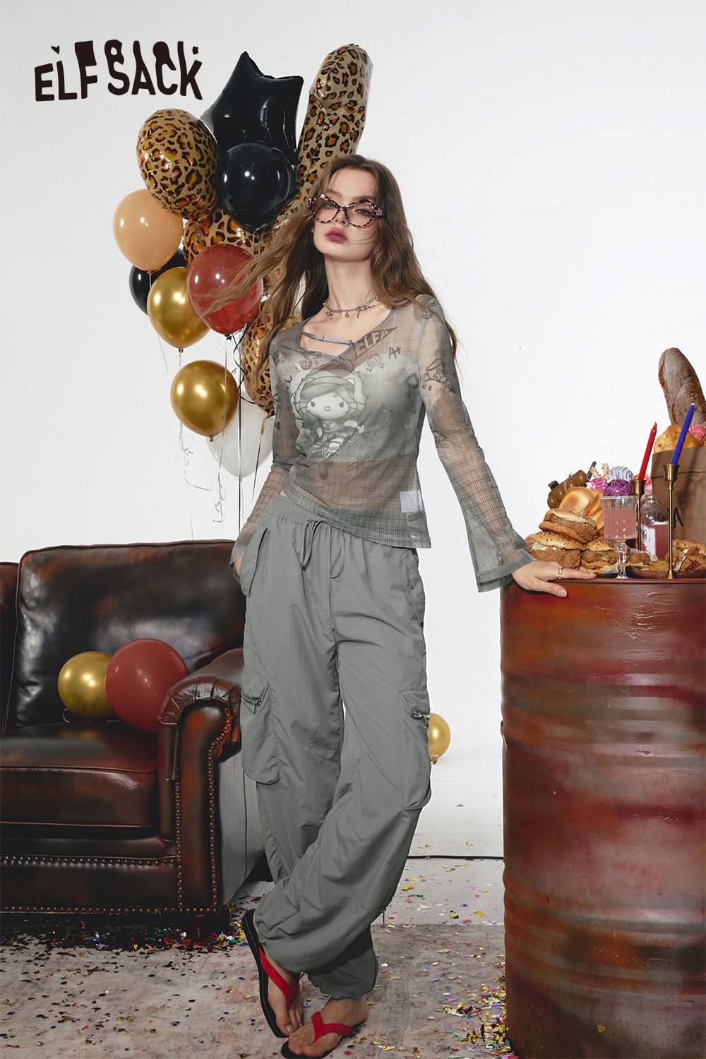 ELFSACK Retro workwear casual pants, loose and thin fit, leg tied pants