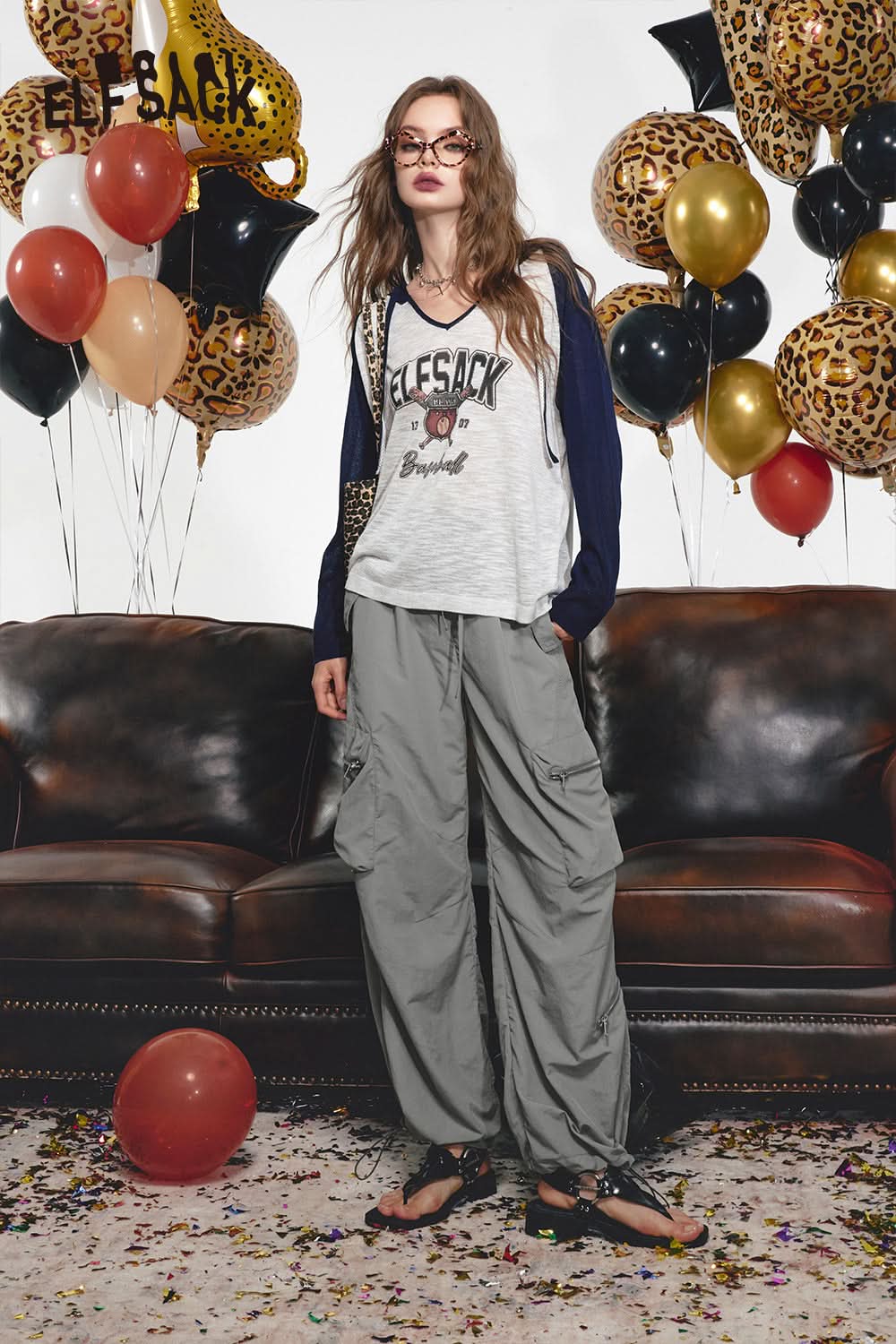 ELFSACK Retro workwear casual pants, loose and thin fit, leg tied pants