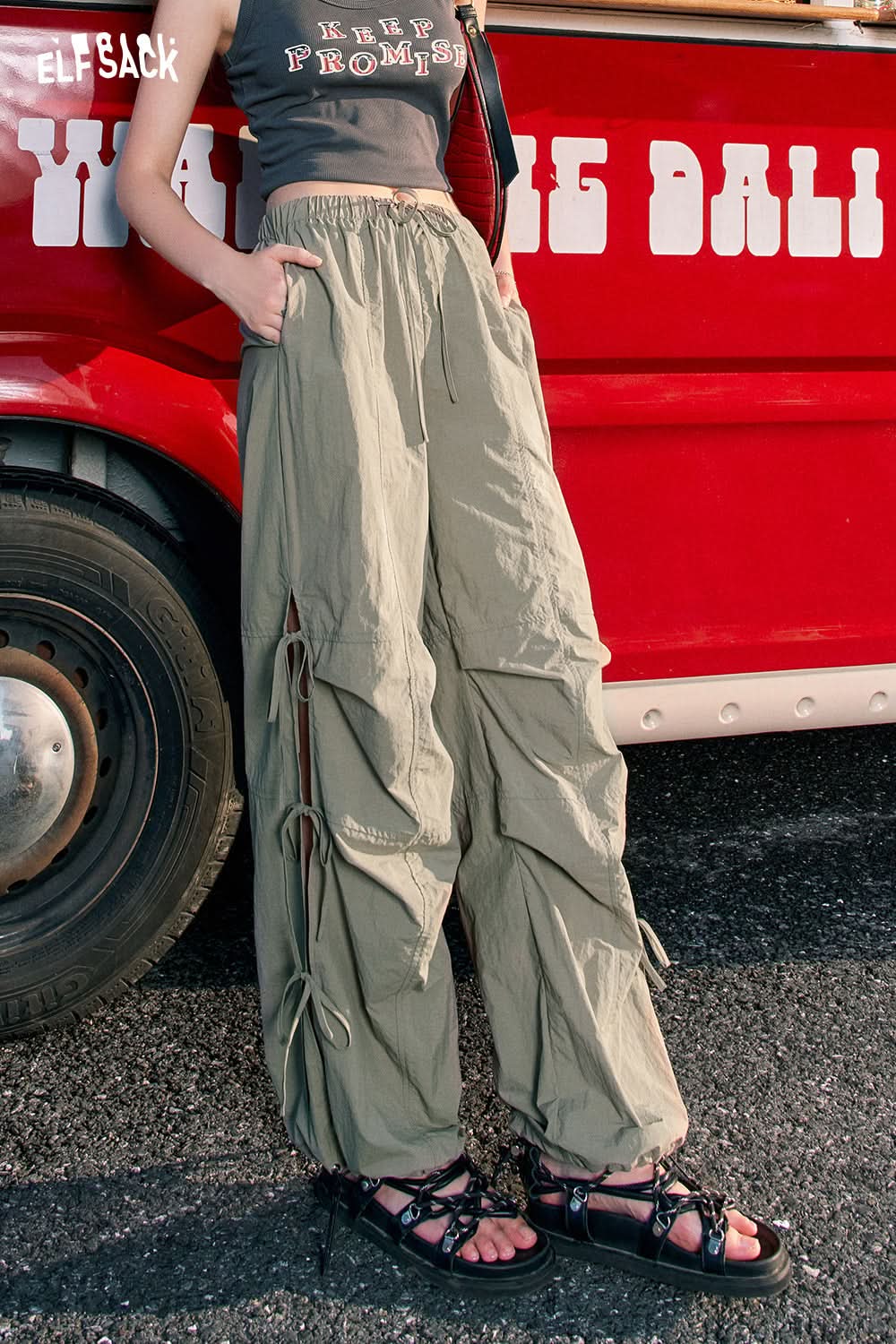 ELFSACK American bow tie workwear casual pants women's sports straight leg pants