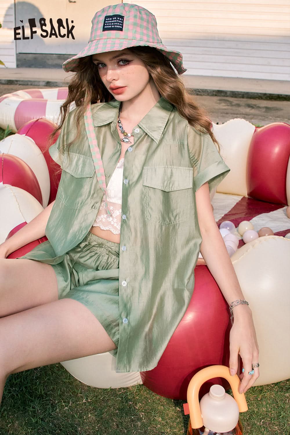 ELFSACK Orange imitation Tencel temperament comfortable lazy style fashion shirt shorts two-piece suit