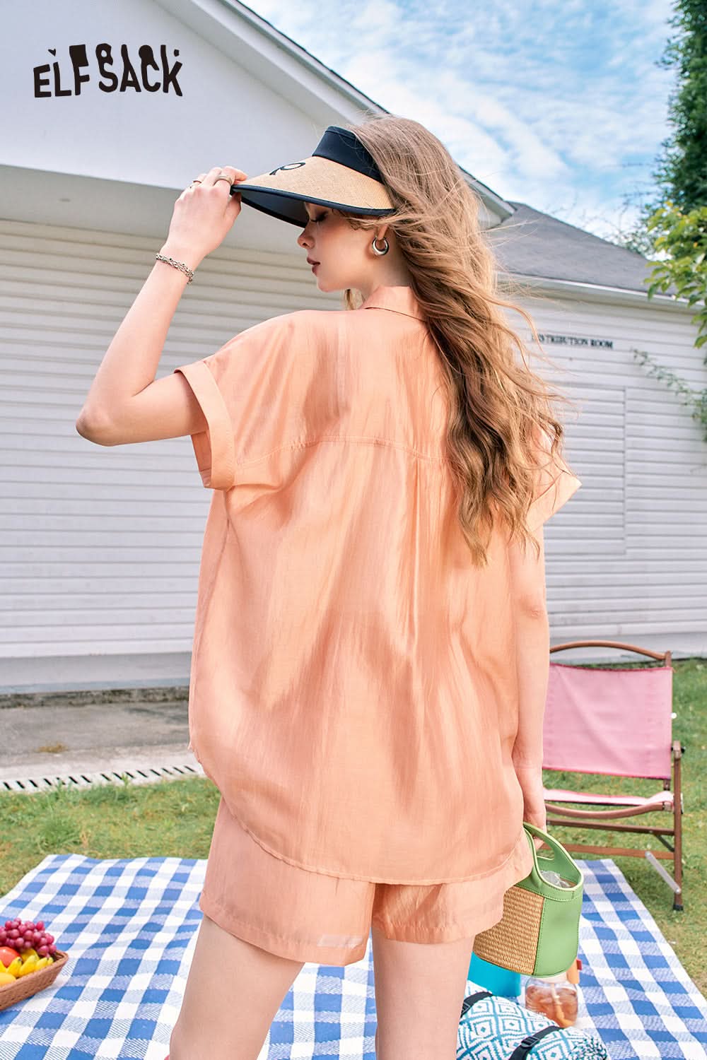 ELFSACK Orange imitation Tencel temperament comfortable lazy style fashion shirt shorts two-piece suit