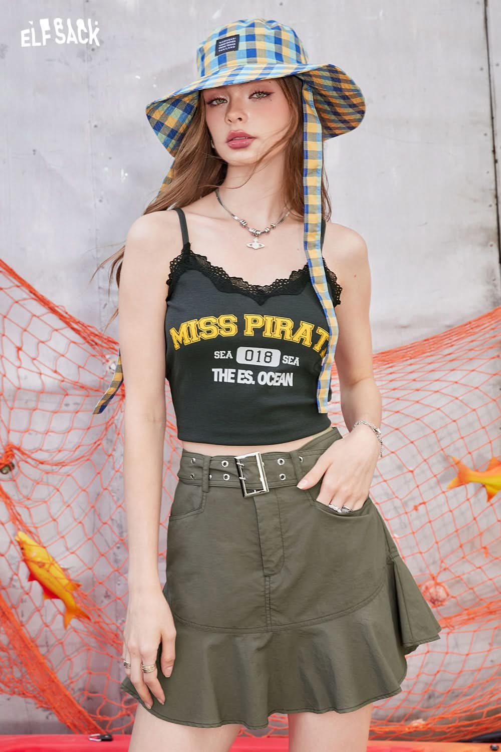 ELFSACK (Including belt) High waisted A-line skirt, wavy skirt skirt, short skirt