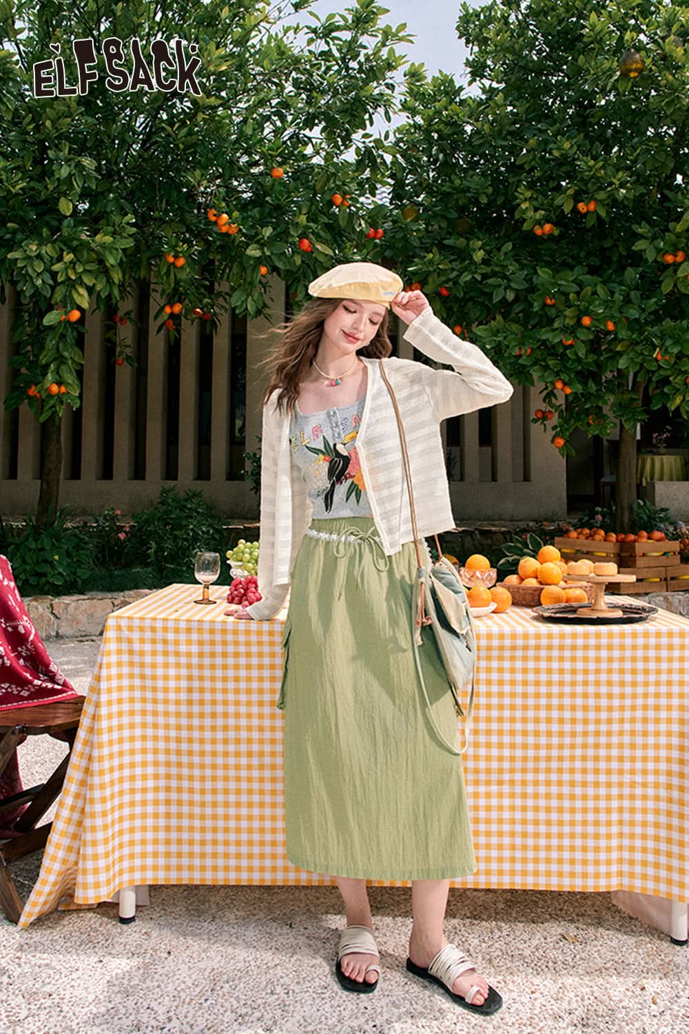 ELFSACK Mid-length A-line large pocket khaki lace patchwork workwear skirt