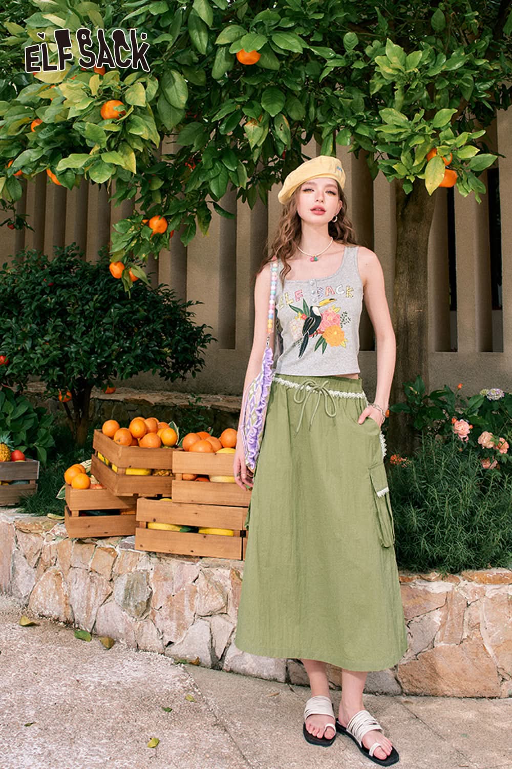 ELFSACK Mid-length A-line large pocket khaki lace patchwork workwear skirt