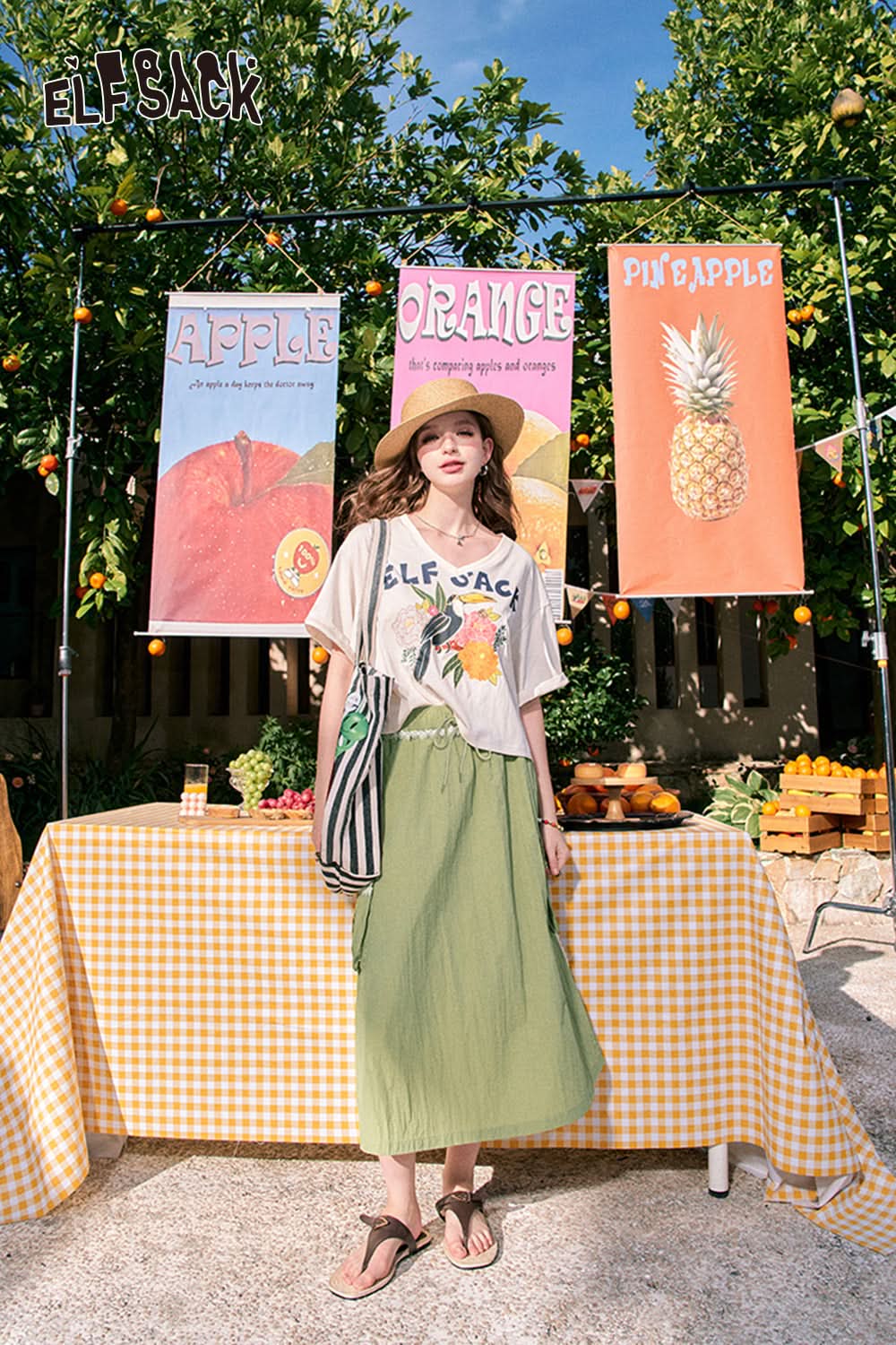 ELFSACK Mid-length A-line large pocket khaki lace patchwork workwear skirt